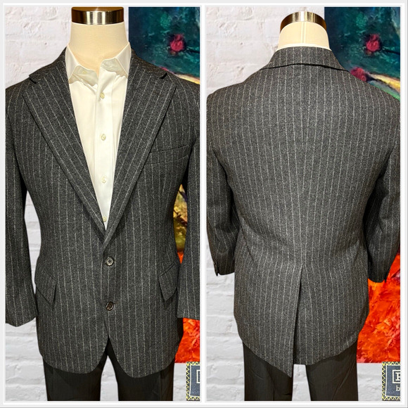 Vintage Polo Ralph Lauren 40R Gray Stripe Wide Lapel Flannel Blazer Sport Jacket - Picture 9 of 15